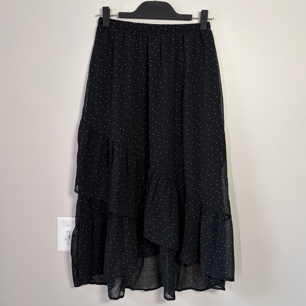 A New Day Black Polka Dot Flowy Ruffle Midi Skirt Romantic Parisian Chic Elegant